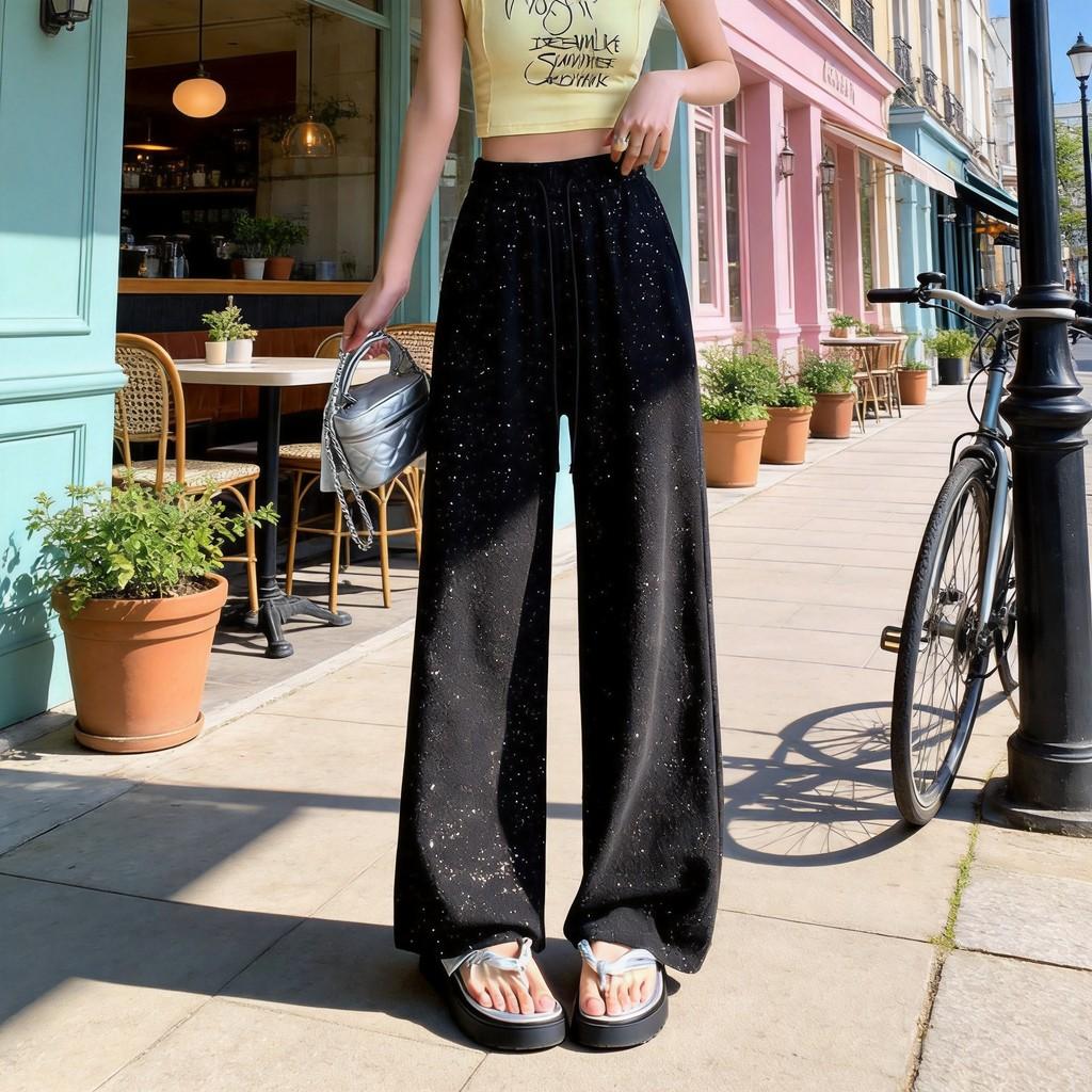Crystal Embellished Wide Leg Pants With High Waist For Summer Casual Wear