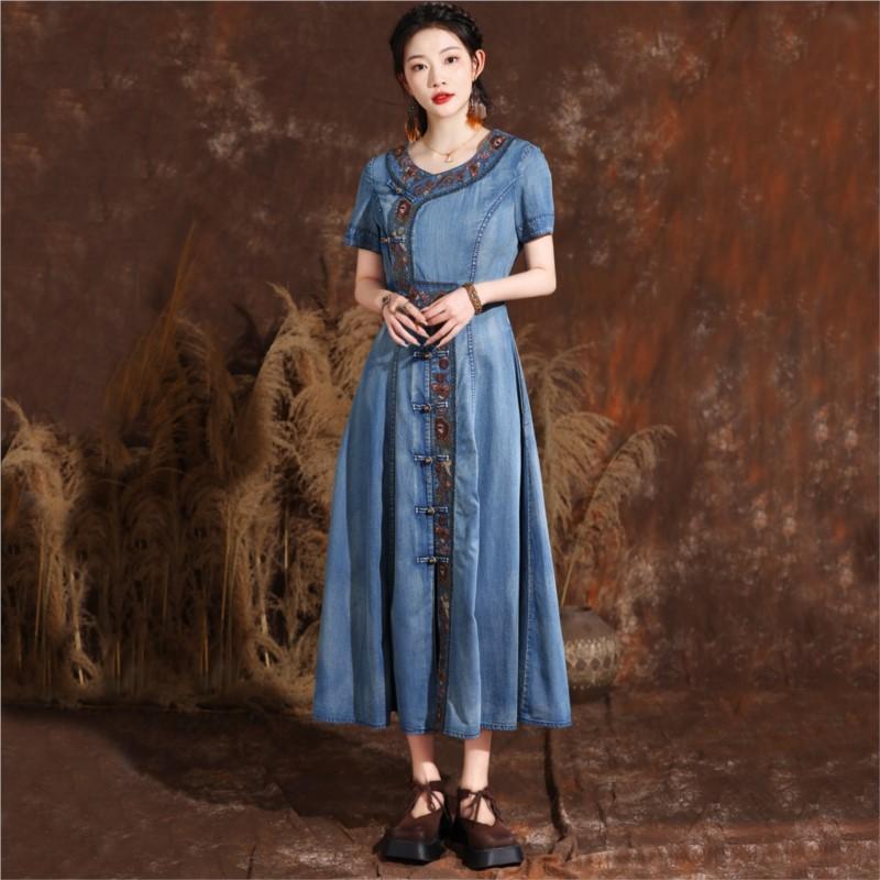Johnature Summer Woman Chinese Style Single Breasted Cheongsam Dress Disc Buckle Vintage Embroidery Cowboy Dress