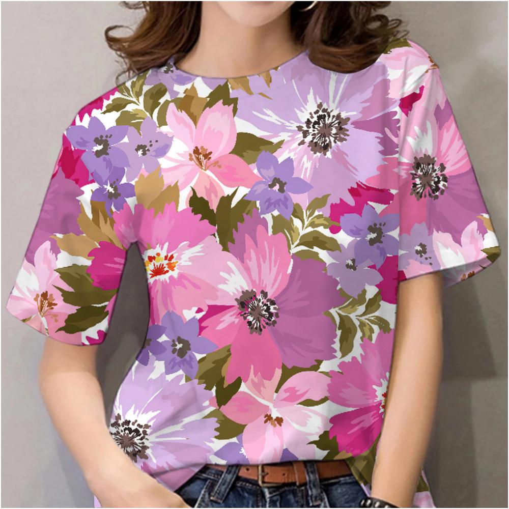 Summer Flower Print T-Shirt Women Fashion Short Sleeve Women Trend Clothing Female Clothes Casual T Shirt For Women Daily Tops