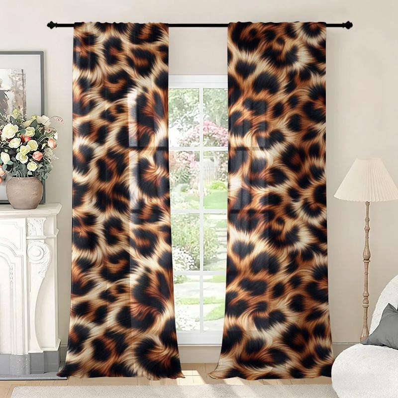 2Pcs Leopard Print Curtains, Polyester Rod Pocket Digital Print Semi-Transparent Curtains, Multi-Size Options for Bedroom Living