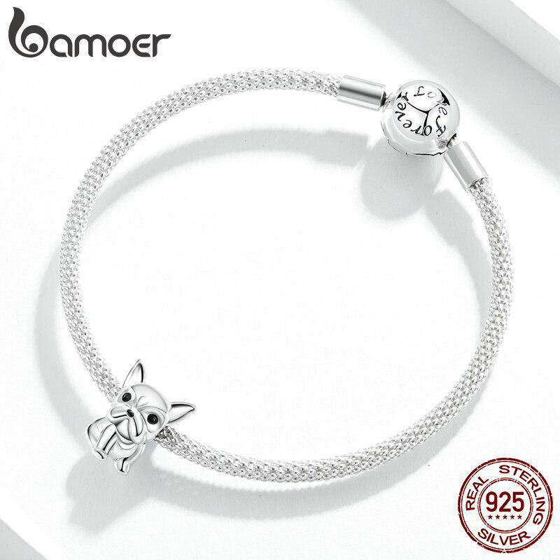 Bamoer Cute Μπουλντόγκ Μεταλλικές Χάντρες για Γυναικεία Κοσμήματα Κατασκευή Οξειδωμένου Ασημένιου Γούρι 925 στερλίνας που ταιριάζει αυθεντικό ασημένιο βραχιόλι