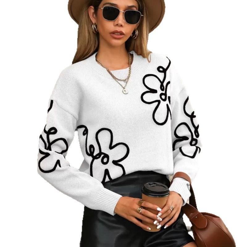 Cross-border Europe, America, Autumn and Winter New Women's Sweater Fashion Flower Three-dimensional Embroidery Round Neck Pullover Long Sleeve