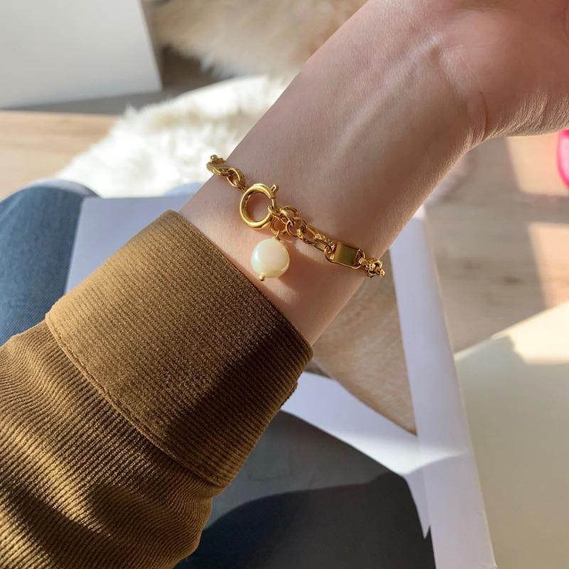 18K Real Gold Plated Copper Toggle Clasp Circle Gifts Punk Cool Natural Freshwater Pearl Chain Link Bracelets for Women