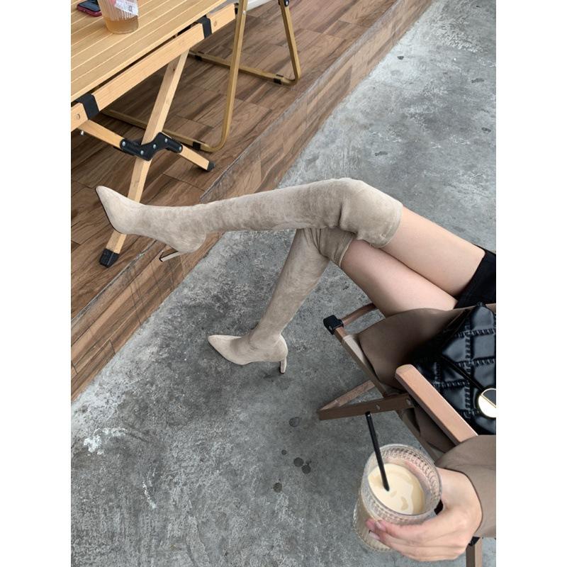 Pointed Over Knee Boots Khaki Suede Socks Boots Integrated Boots Super High Heel Nude Boots Elastic Boots