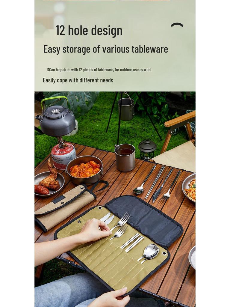 Stainless Steel Cutlery Set with Storage Bag: Chopsticks, Spoon, Fork, Knives, and Bowls for Outdoor Camping and Picnics.