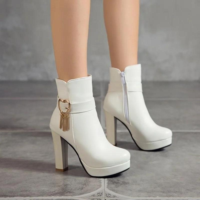 Fashion Women's Ankle Boots Large Size Fashion Buckle High Heels Pink Autumn Winter White Ankle Boots Women Platform Short Boots Shoes