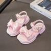 Girls Princess Style Sandals with Bow and Pearl Embellishments Open Toe Adjustable Buckle Strap Flat Sole Comfortable Summer Footwear