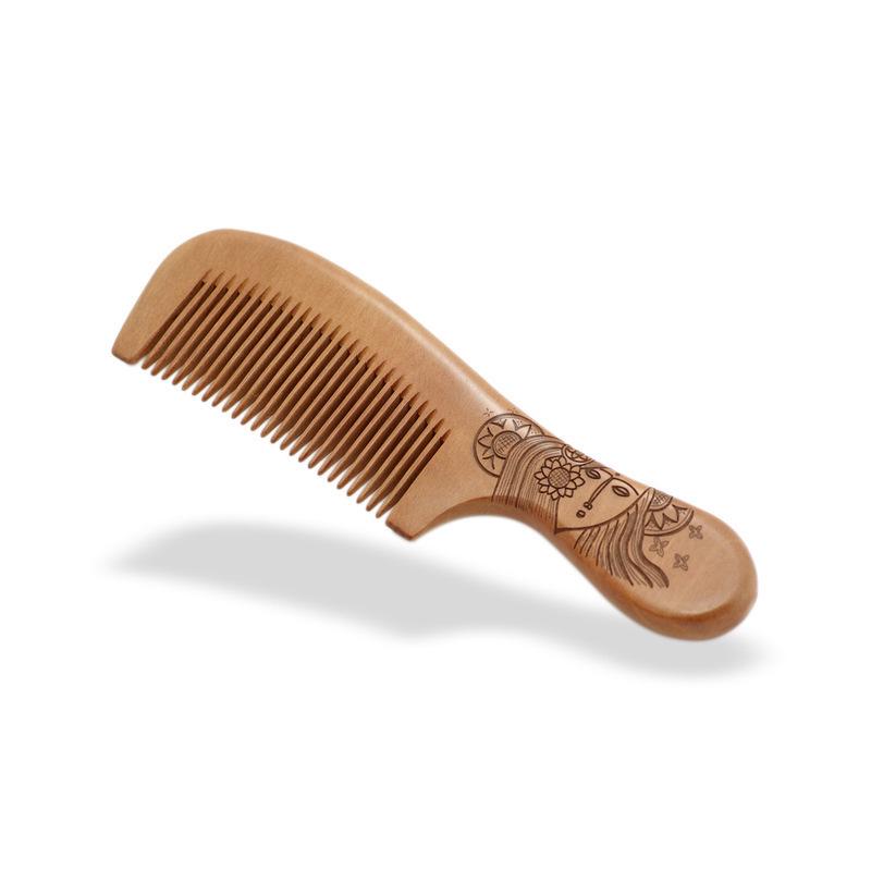 Peach Wood Carved Comb with Fine and Medium Teeth - Handleless, Floral Design