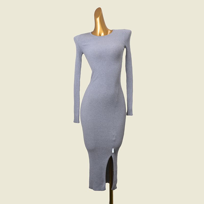 

Export Long Sleeves Thread Knitting Dress Fashion Wind Side Slit Silm Slim Looking round Neck Dress Gray L