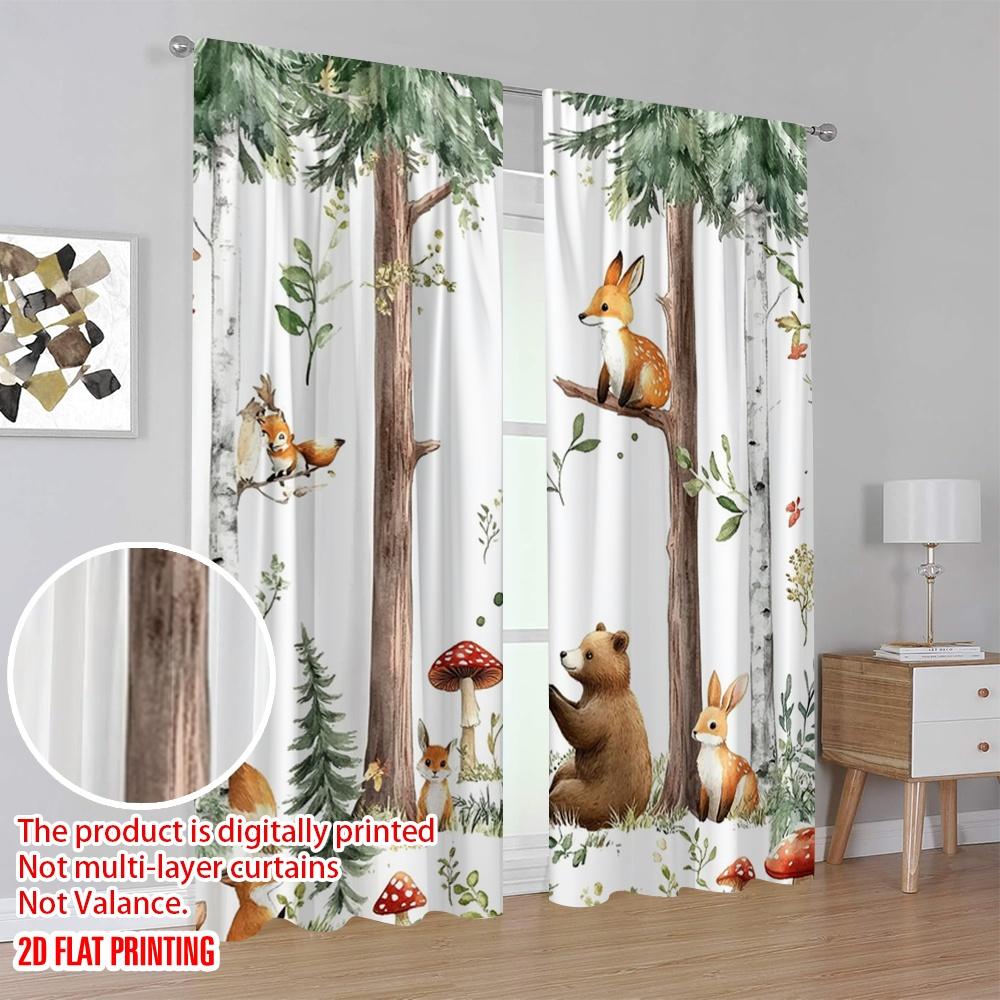 2D flat printing 2pcs Window Curtains Cute Forest Animals Versatile 100% Polyester,Without Electricity Family Party Decoration