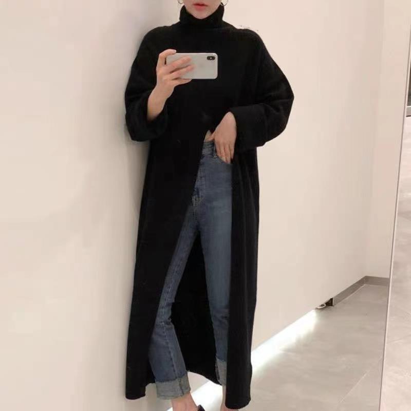 Koreansk Chic Höghalsad Lös Över Knäet Smickrande Stickad Tröja för Kvinnor - Höst/Vinter Nischdesign