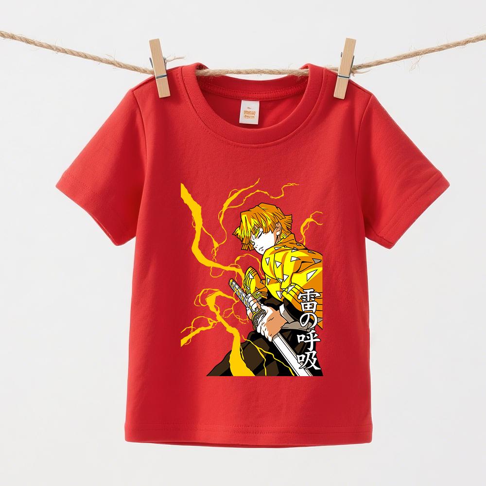 Demon Slayer Zenitsu Anime Print Cotton T Shirt for Children Boys Girls Summer Short Sleeve Casual Daily Wear Tops