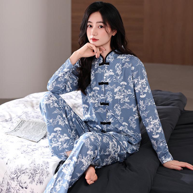 New Chinese Pajamas Women'S Spring And Autumn Pure Cotton Long-Sleeved Spring Thin Chinese Style Loungewear Cotton Set