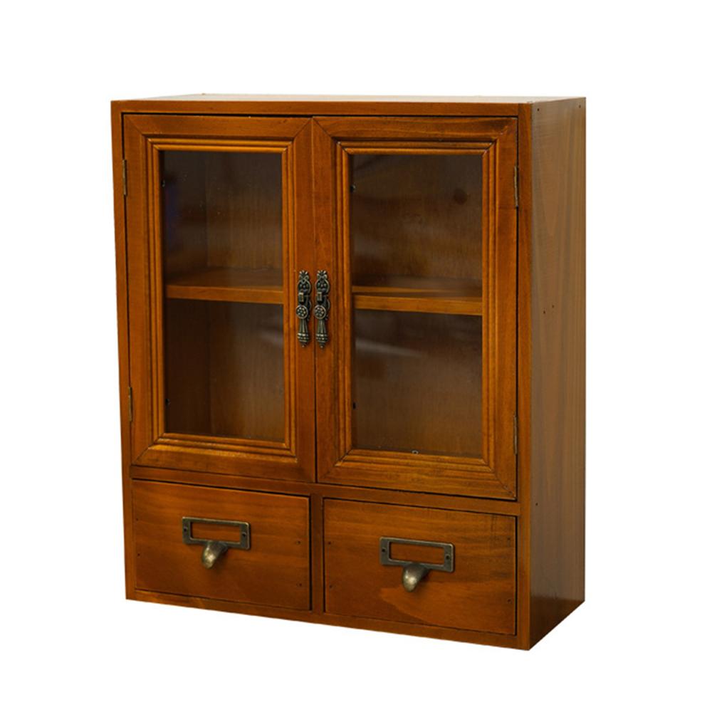 1PC Solid Wood Vintage Double Door Display Cabinet Sundry Cosmetics Drawer Wooden Desktop Storage Box