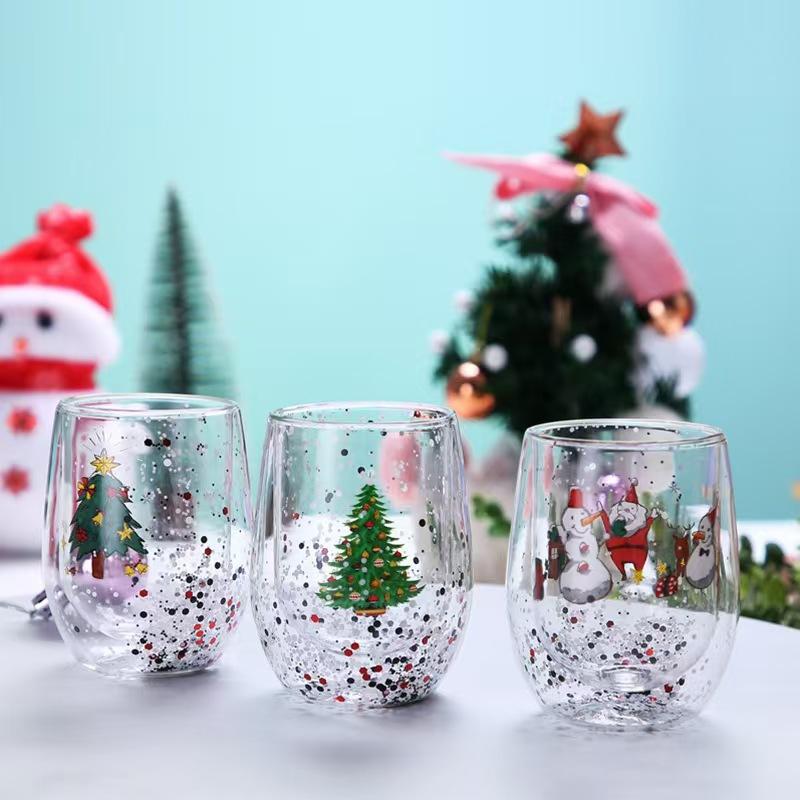 Double Wall Glass Cup Christmas Tree/Snowman Heat-insulated Espresso Coffee Mug Milk Tea Cup Party Juice Drinking Gift 300ml