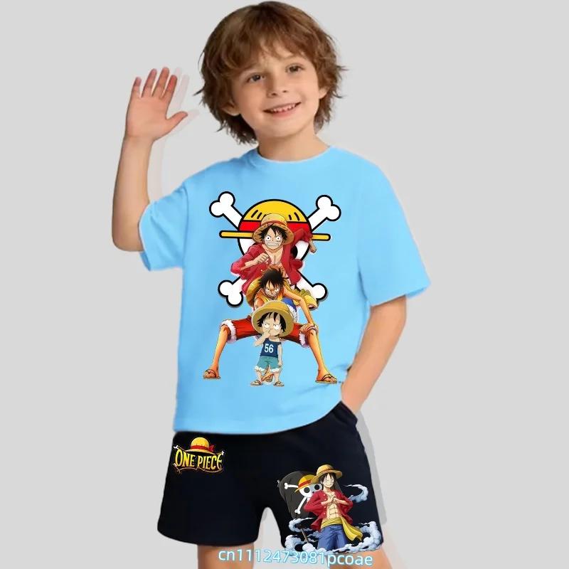 One Piece Children's Polyester Short-Sleeved Shorts Set with Cartoon Print - Boys' Sports Shirt for Summer T-Shirt Set of 2 Pieces