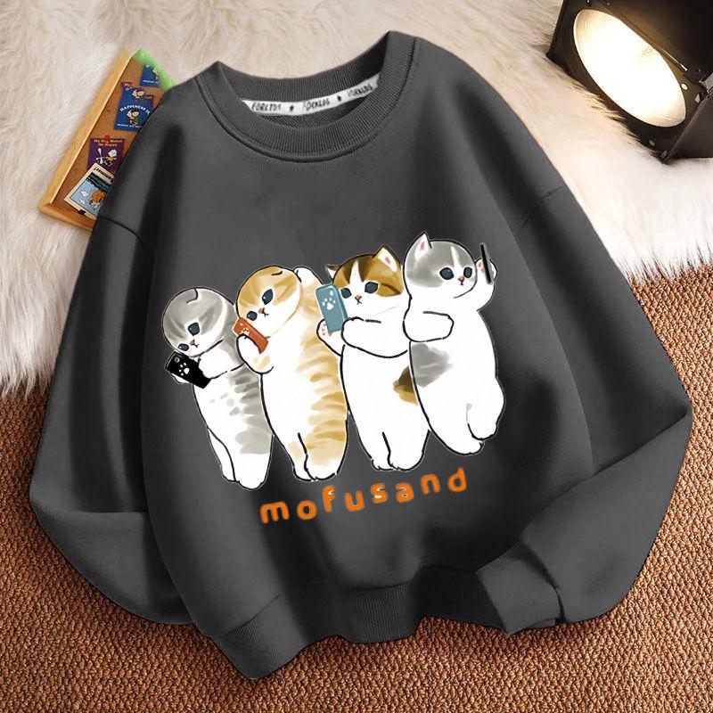 Cute Cat Round-neck Hoodie for Children, Fashionable Long-sleeved Casual Top for Boys and Girls In Spring and Autumn