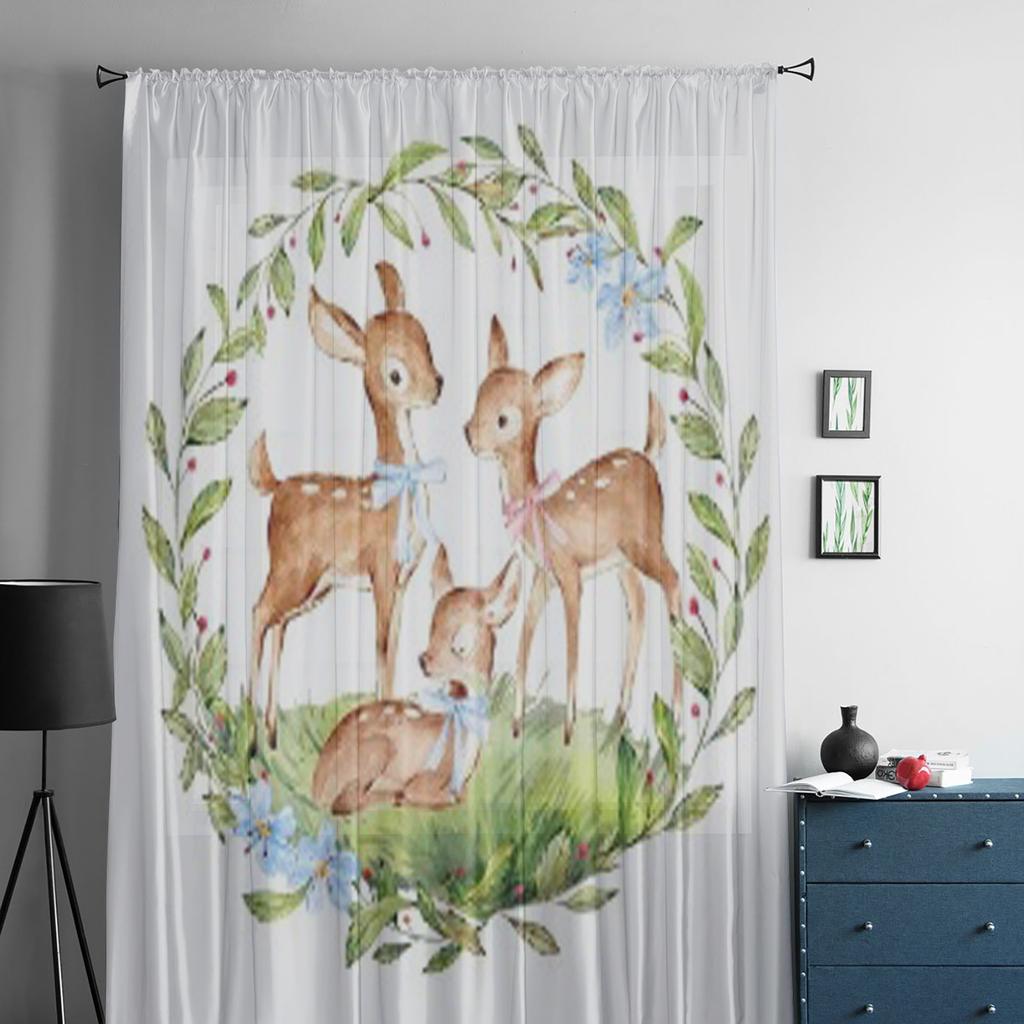 Akwarela Jeleń Rodzina Las Przezroczyste Zasłony do Salonu Przezroczyste Tiulowe Zasłony Okien Sypialnia Kuchnia Dekoracja Welon Zasłony