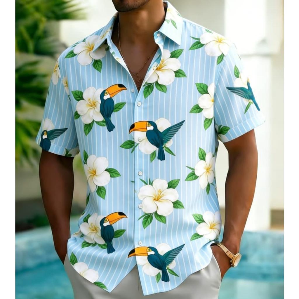 Men's Striped Tropical Element Print Shirt, Exotic Hawaiian Casual Design for Summer Vacation, Daily Wear & Street Style