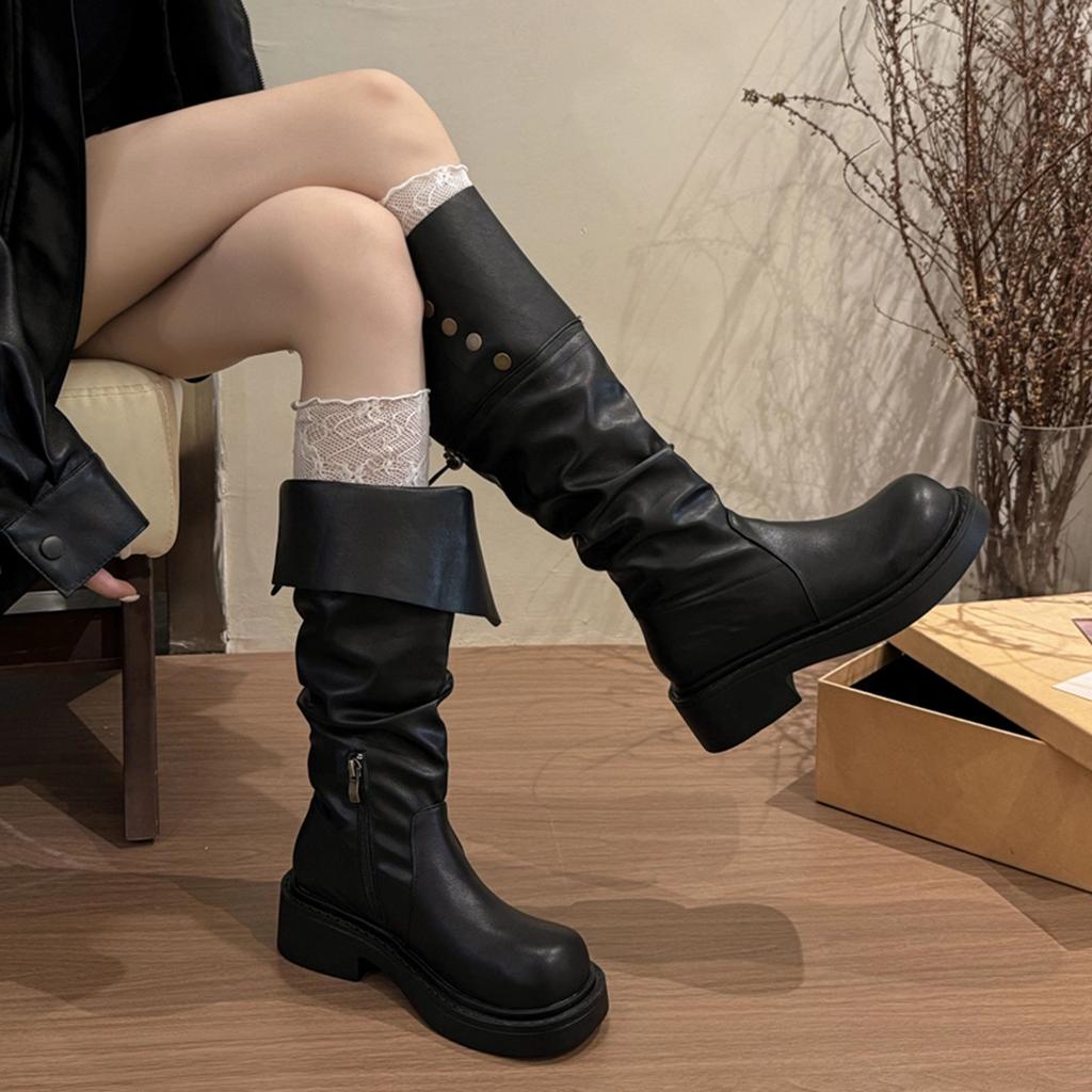 Leather pleated pile boots two wear brown boots women 2025 thick sole but knee small tall knight boots