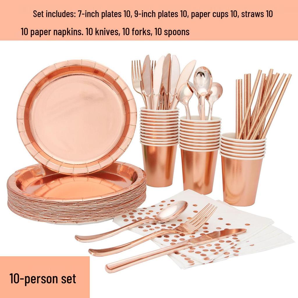 Gold Party Tableware Set: Rose Gold Plates, Cups, Straws, and Cake Dishes