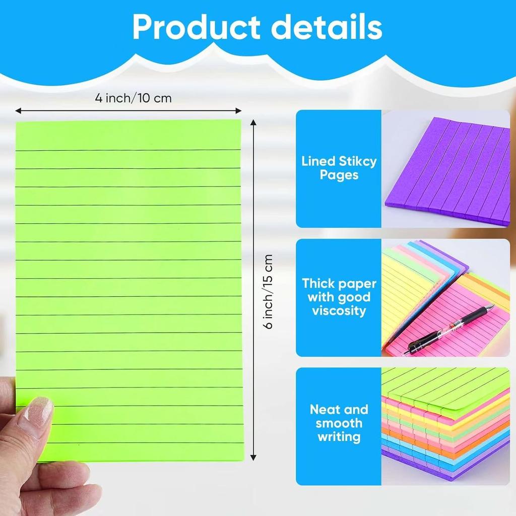 12 Pack Lined Sticky Notes in Bright Colors,Sticky Note Pads 4x6 inches,Sticky Notes with Lines, Self-Stick Note Pads, Large Rectangular Memo Pads