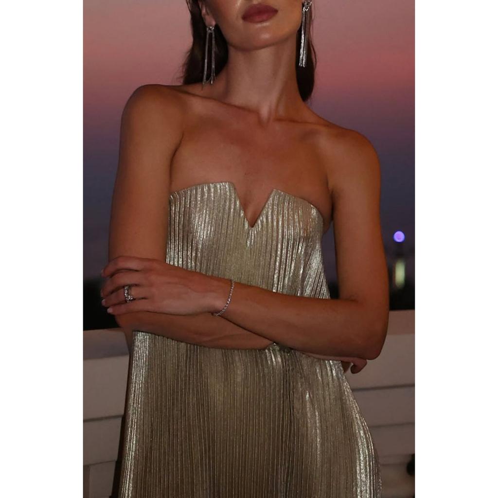 Women's Strapless Pleated Maxi Dress, Sexy Evening Party Gown for European & American, Formal Cocktail Dress