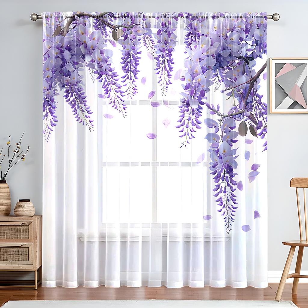 1PC Elegant Wisteria Flower Sheer Curtains - Purple Floral Design with Green Leaves, Rod Pocket Top for Living Room, Kitchen, Bedroom, Balcony