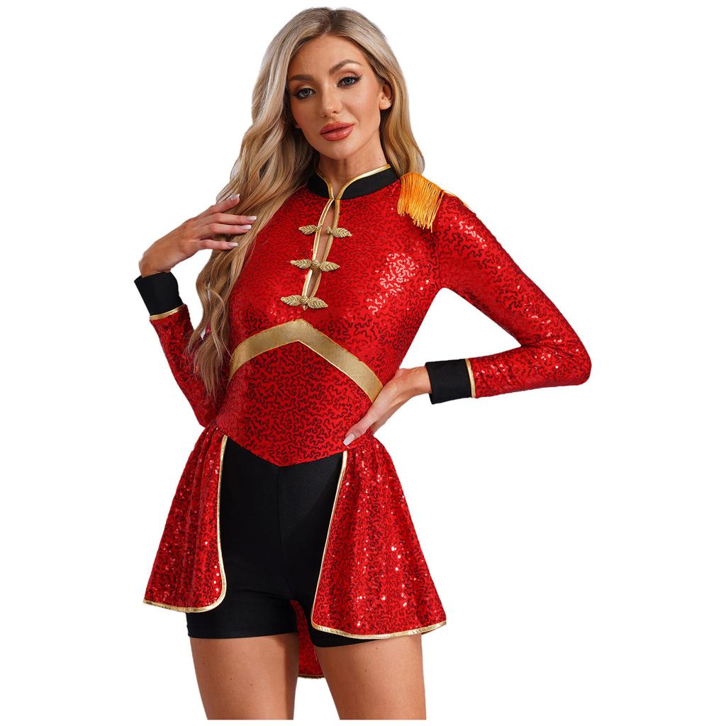 Womens Sparkly Ringmaster Outfit Fringed Epaulet Bodysuit for Carnival Performances Themed Parties