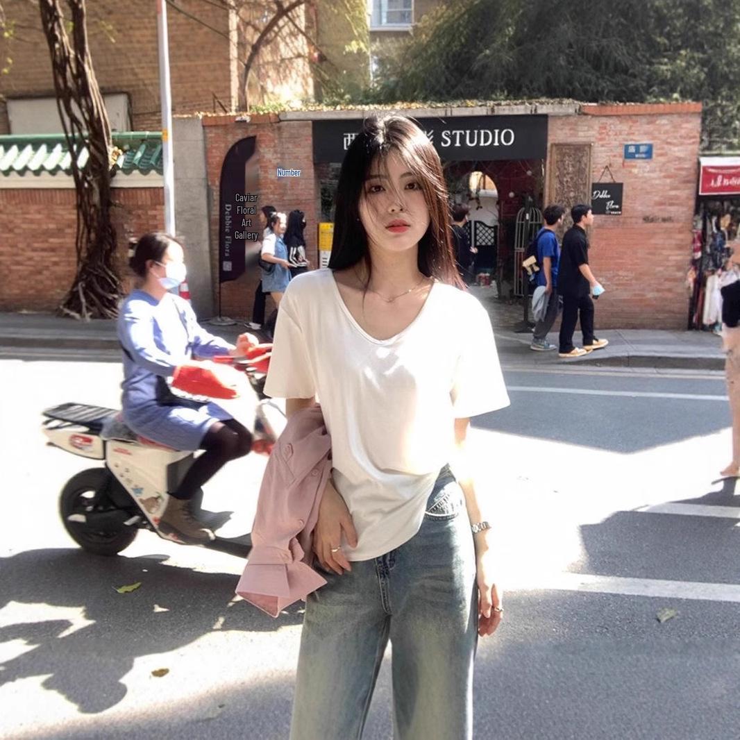 

Solid Color V-Neck Slimming Short Sleeve Women s Casual T-Shirt - 2025 Summer Style L