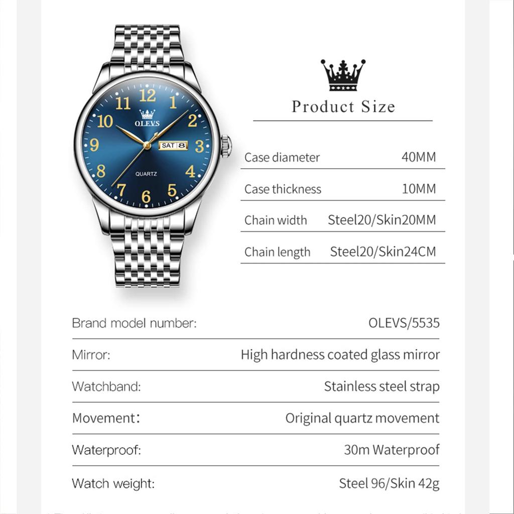 Stylish and popular waterproof Olevs stainless with date Arabic quartz and a Also available in blue and A great gift men's watch, analog, steel,