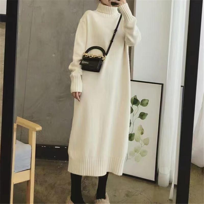 With coat autumn and winter turtleneck temperament dress knee-knit loose and thin bottom long dress new sweater