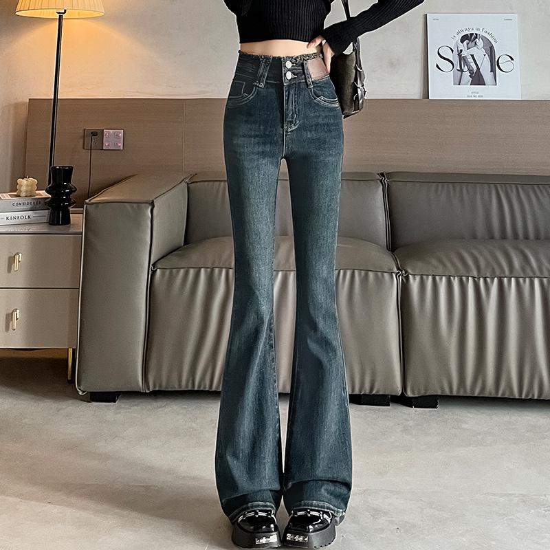 Women's High Waist Fleece-Lined Grey Flare Jeans - Autumn/Winter Slimming Design