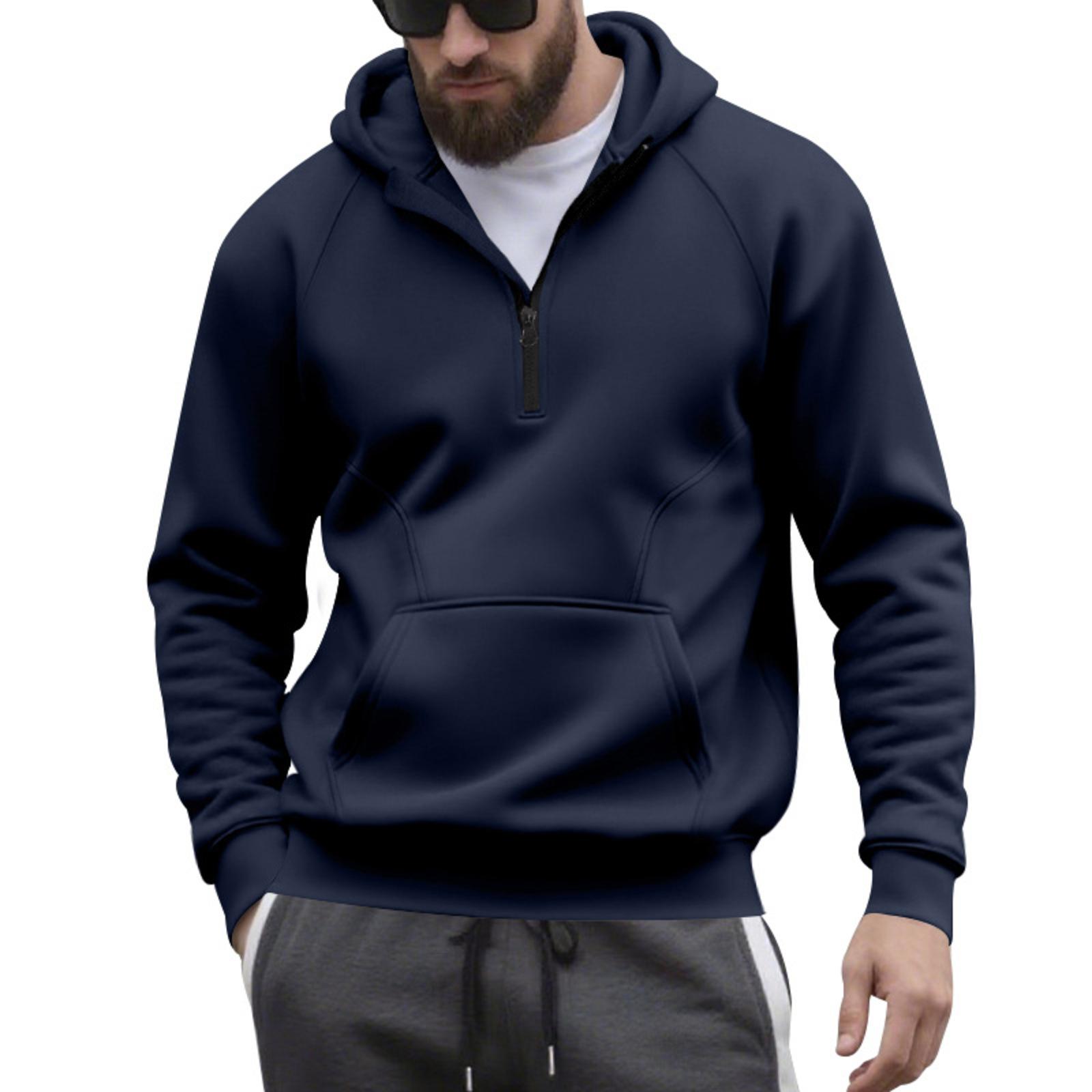 

Men s Casual Sports Fleece-Lined Hooded Zip-Up Contrast-Color Sweatshirt XL Темно-синій
