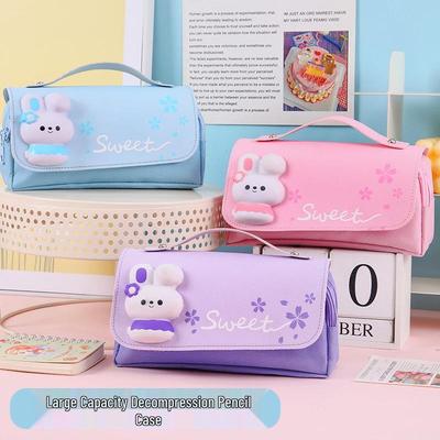 Sakura Rabbit Decompression Canvas Pencil Case - Three-Layer Design for Elementary School Students, Featuring Fresh Literary Style and Girlish Charm.