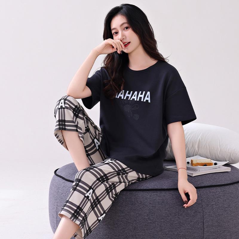 Pajamas with Chest Pads Women's Pure Cotton Short-sleeved Cropped Pants Summer Thin Cotton Summer Large Size Black Loungewear Set