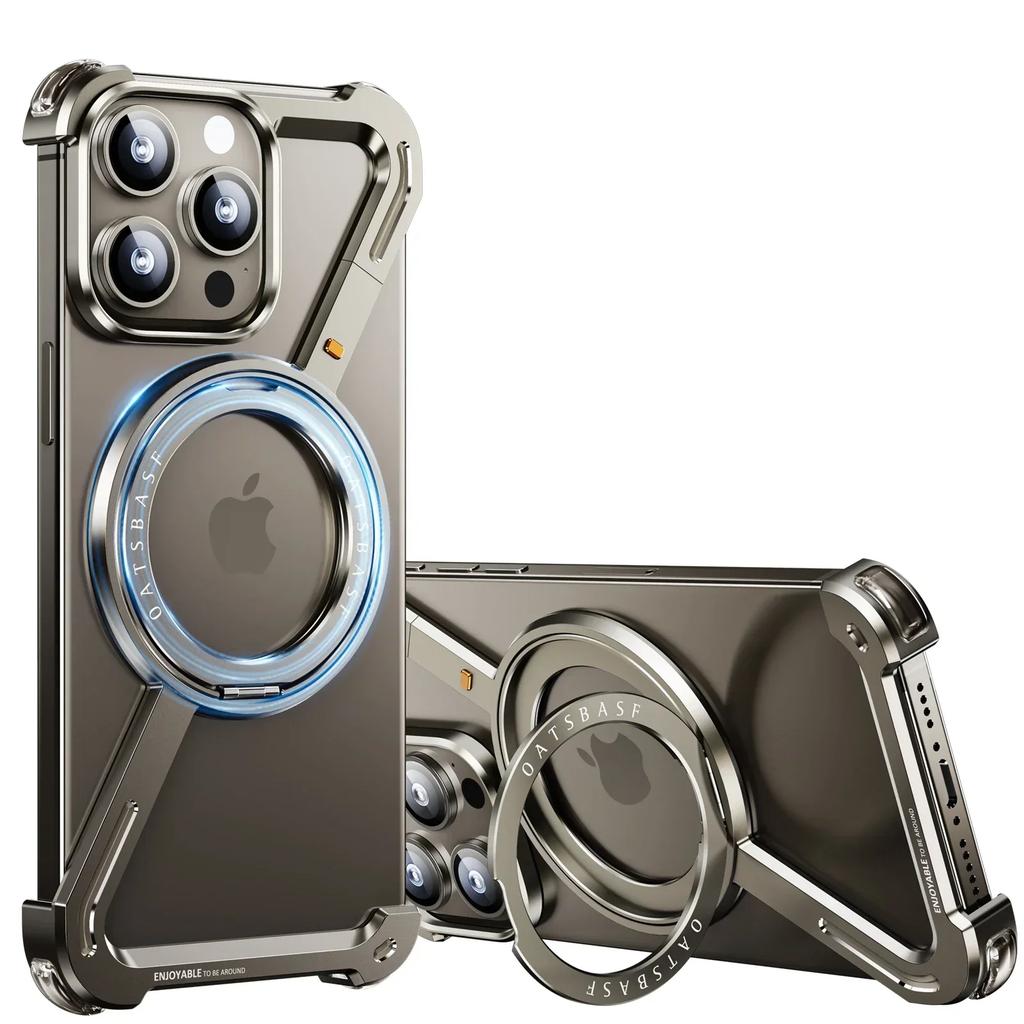 Oatsbasf Z Shape Metal Magsafe Phone Case for iPhone 15 /16 Pro Max Phone Protective Cover Shockproof Bumper W/ Magnetic Ring