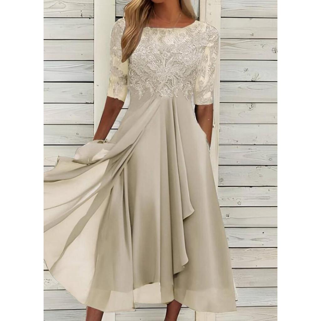Women's Chiffon Patchwork Lace Hollow Out Long Dress Bridesmaid Evening Party Gown European Style Crossbody Dress for Formal Occasion