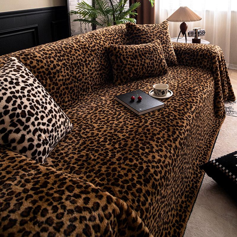 Winter thickened warm leopard print plush sofa seat cushion solid color sofa cover cloth sofa seat cushion living room