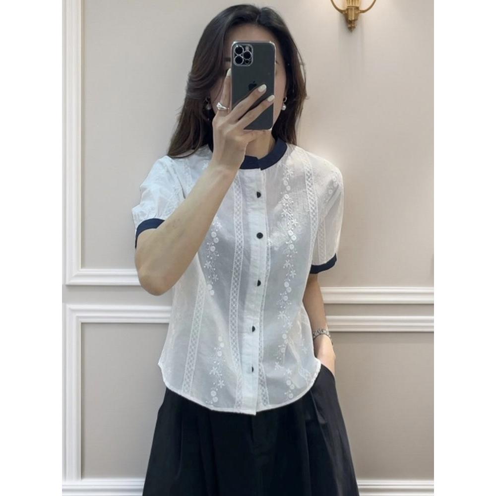 French Hollow Embroidery Short Sleeve Summer Blouse - Casual, Versatile Jacquard Loose Fit