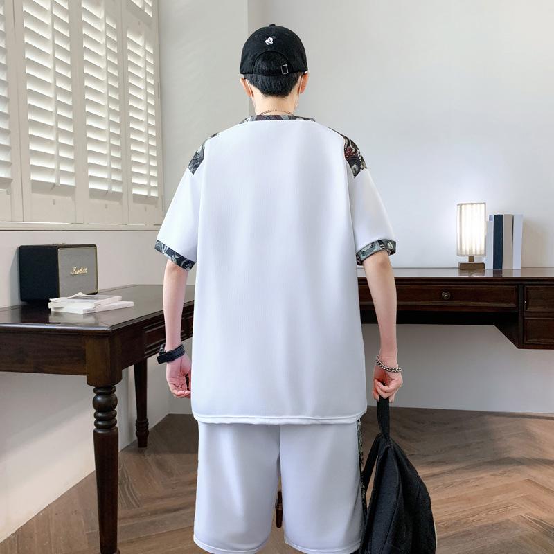 Men's Casual Loose Ice Silk Round Neck Short-sleeved T-shirt Shorts Two-piece Set