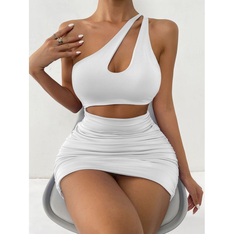 

European and American Sexy Shoulder Crimp Midriff Outfit Holiday Short Dress