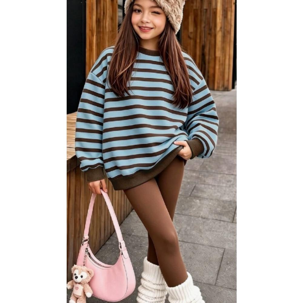 Girls' Casual Stripe Casual Comfortable Soft Loose Pullover Sweatshirt and Leggings 2-Piece Set, New Autumn/Winter, Playful, Sweet and Cool Style