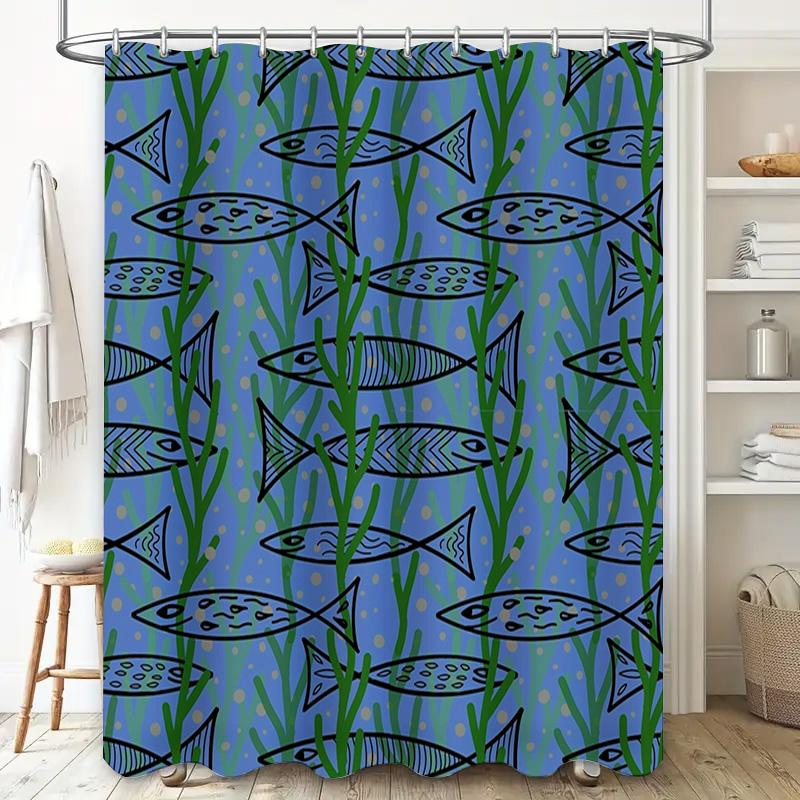 Colorful Fish Design Shower Curtain Blue Green Black Patterned Fabric Waterproof Bathroom Decor Size 72x84 Inches