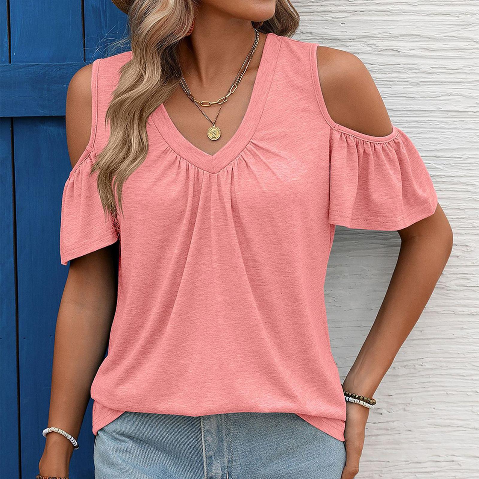

Womens tops cold shoulder short sleeve V neck summer tops for women casual loose fit shirts for women comfortable style S