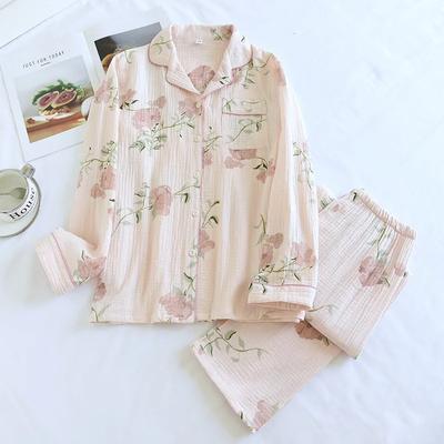 New Spring and Autumn Women's Pajama Set 100% Cotton Crepe Long Sleeve Long Pants Two Piece Home Clothing Set Sleepwear