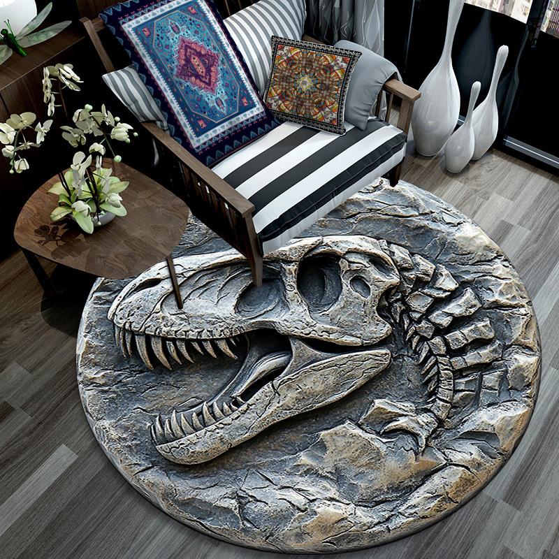 Dinosaur Skull Round Area Rug,Carpet Rug for Living Room Bedroom Sofa Playroom Decor,Non-slip Floor Mat