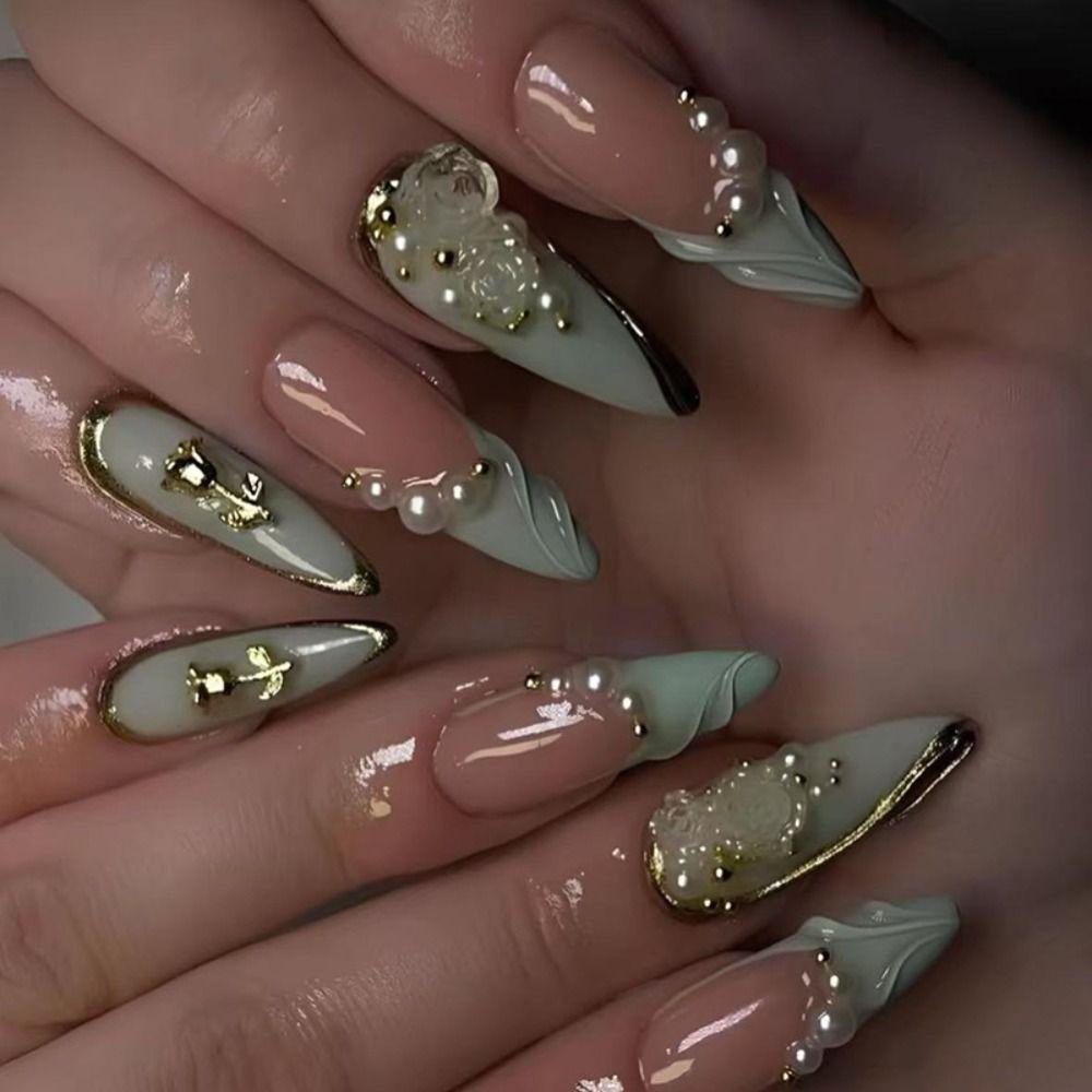 24Pcs Long French Flame False Nails Dark Star Moon Almond Stiletto Ballerina False Nails Press on Nails Fake Nails DIY Manicure