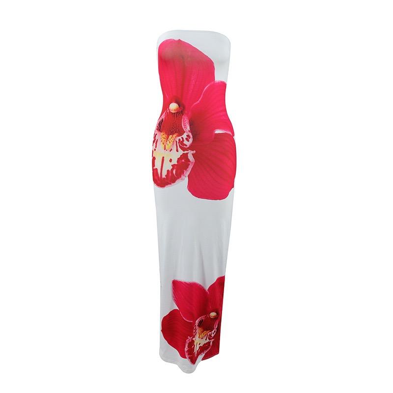 LYRIA Slim Blumenmuster Schulterfrei Ärmellos Rückenfrei Eleganz Kleid Damen Bodycon Lang Tube Top Kleid für Party Club