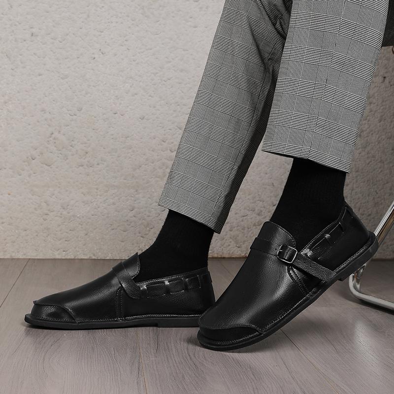 Fashion Summer Breathable Leather Casual Loafers Retro Style Quality Handmade Stitched Leather Shoe Fashion Men Business Commuting Shoes